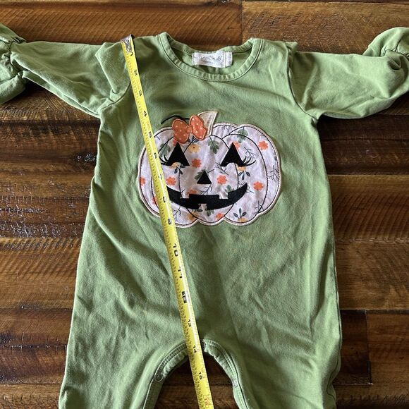 Marie Nicole Green Embroidered Floral Jack-o-Lantern Ruffle Romper 6-12 Months - Picture 7 of 10